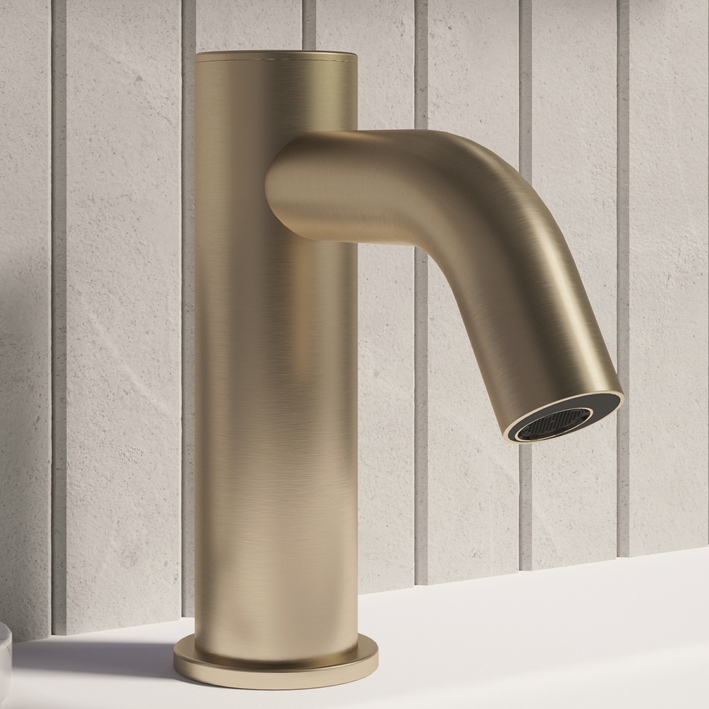 Product lifestyle image close up of Crosswater MPRO Sensor Brushed Brass Monobloc Basin Tap PROX110DNF